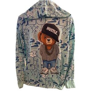 OG Legend 23 Men’s L Turquoise Long Sleeve Hooded Teddy Bear Drip Graphic Tee